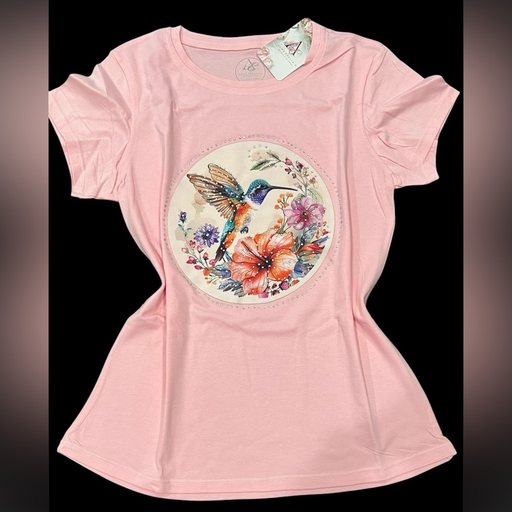 Pink Hummingbird Floral Graphic Tee